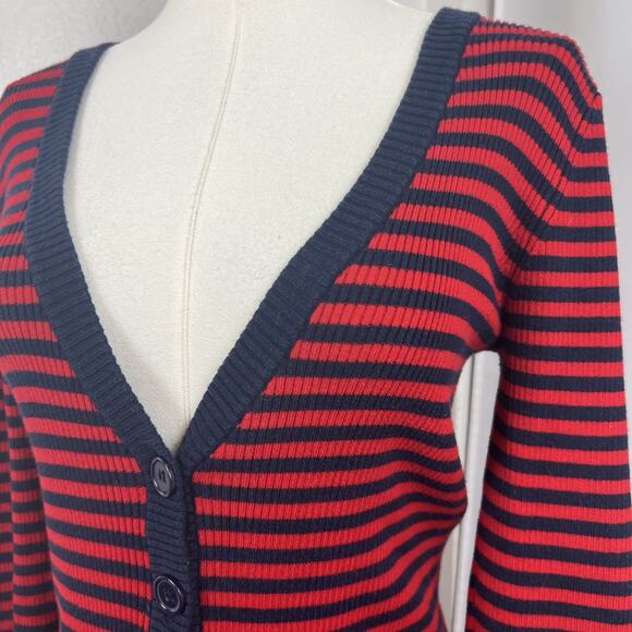 Y2K Love By Design Sweater Womens Medium Red Blue Striped Cardigan Preppy Twee - Picture 2 of 8
